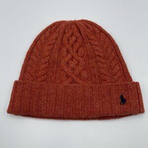 Polo Ralph Lauren Pony Cuffed 100% Lambs Wool Cable Knit Beanie Hat Orange